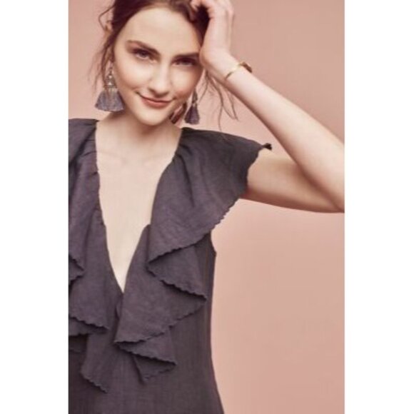 MARIA STANLEY Gray Linen Blend Cascada Cropped Ruffle Jumpsuit Size XS NWOT - Picture 2 of 5